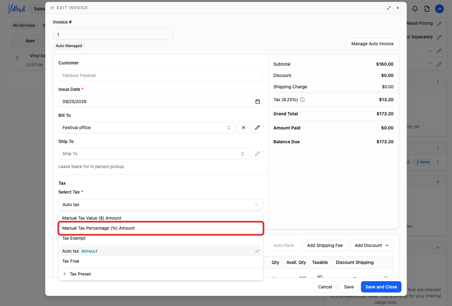Manual tax percentage in the tax menu
