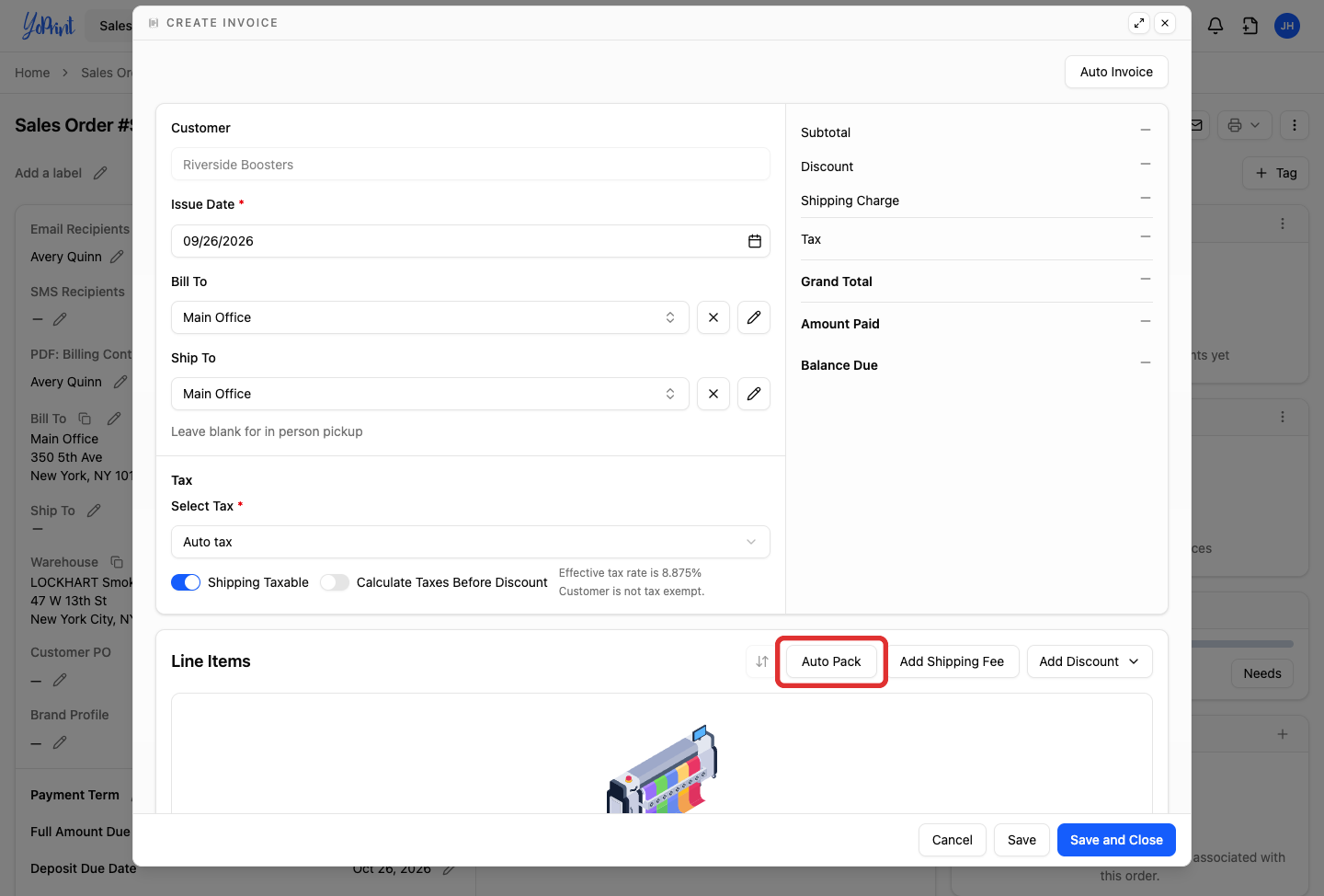 Auto Pack on the new invoice