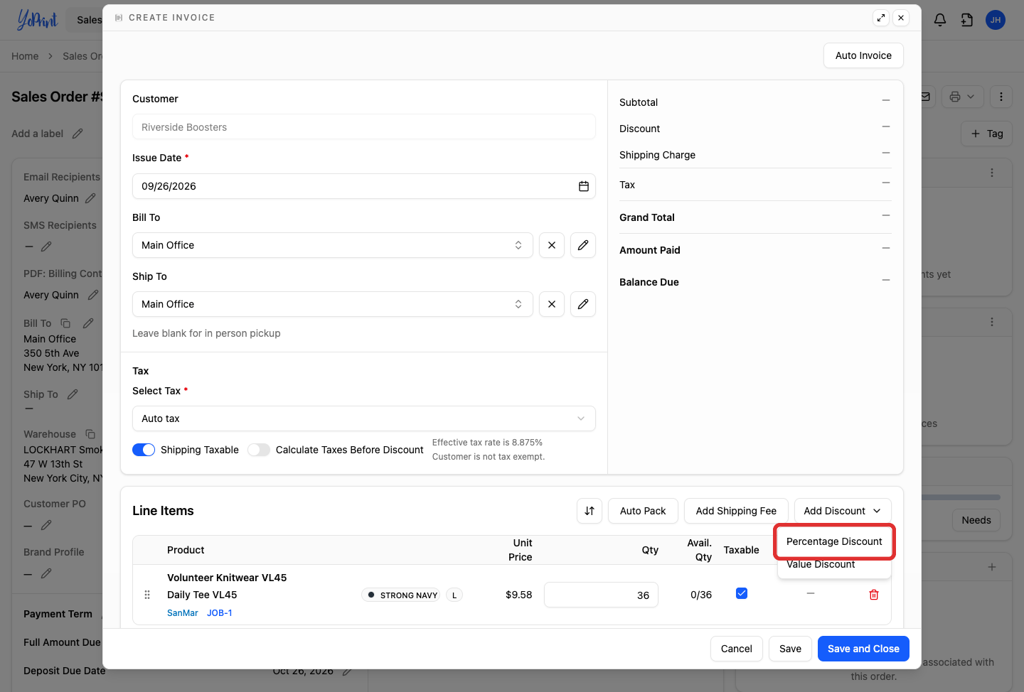 Percentage Discount in the Add Discount menu