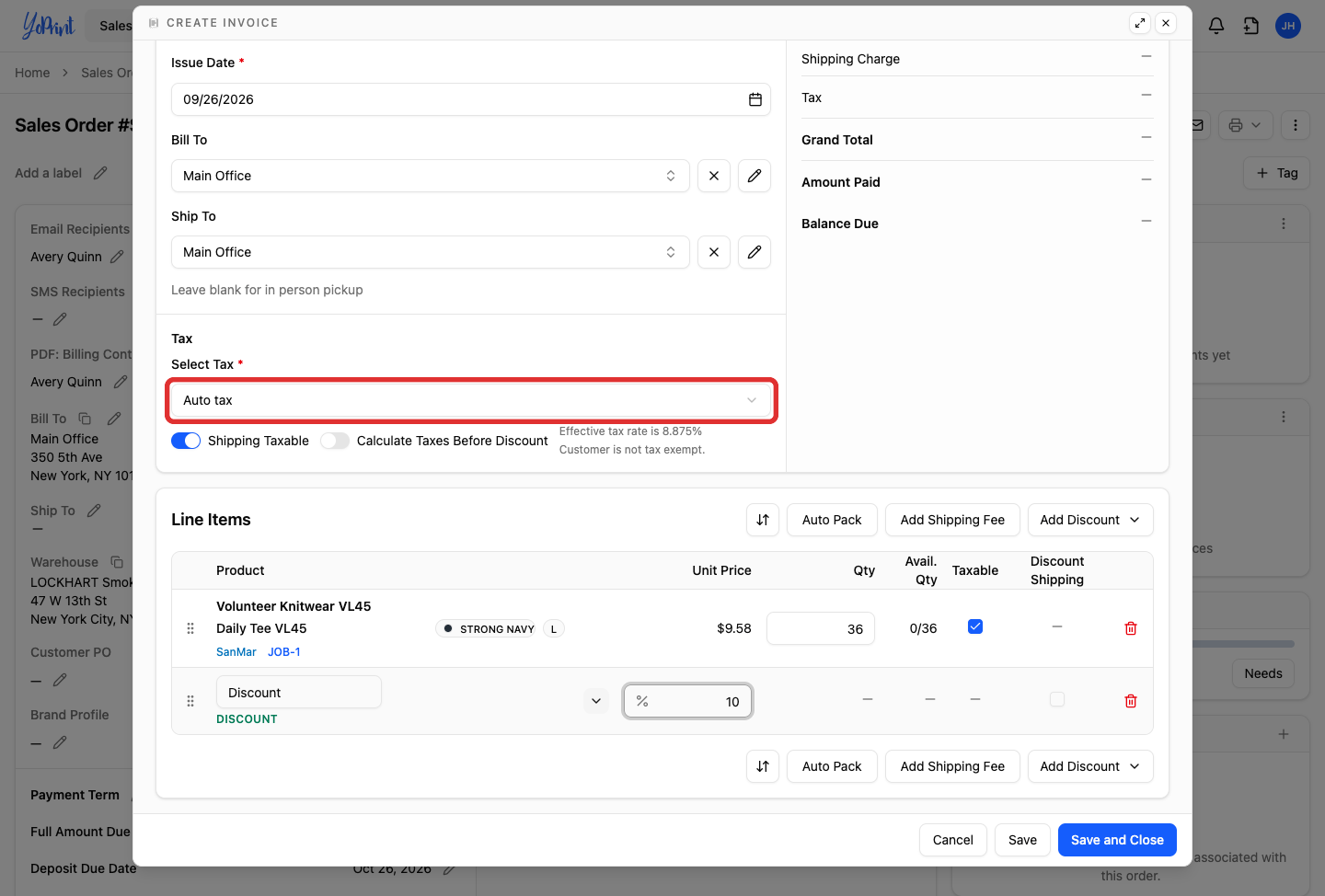 Select Tax on the new invoice