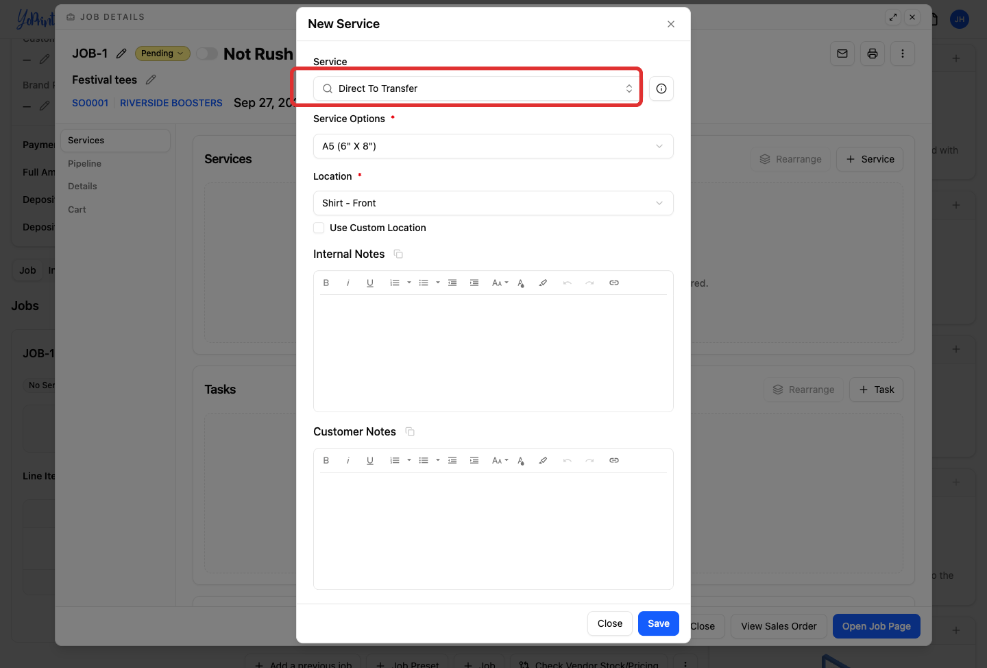 Service dropdown menu
