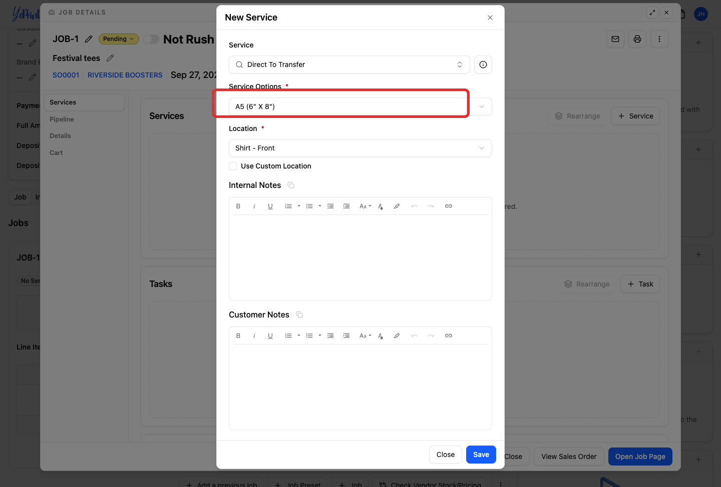 Service Options dropdown