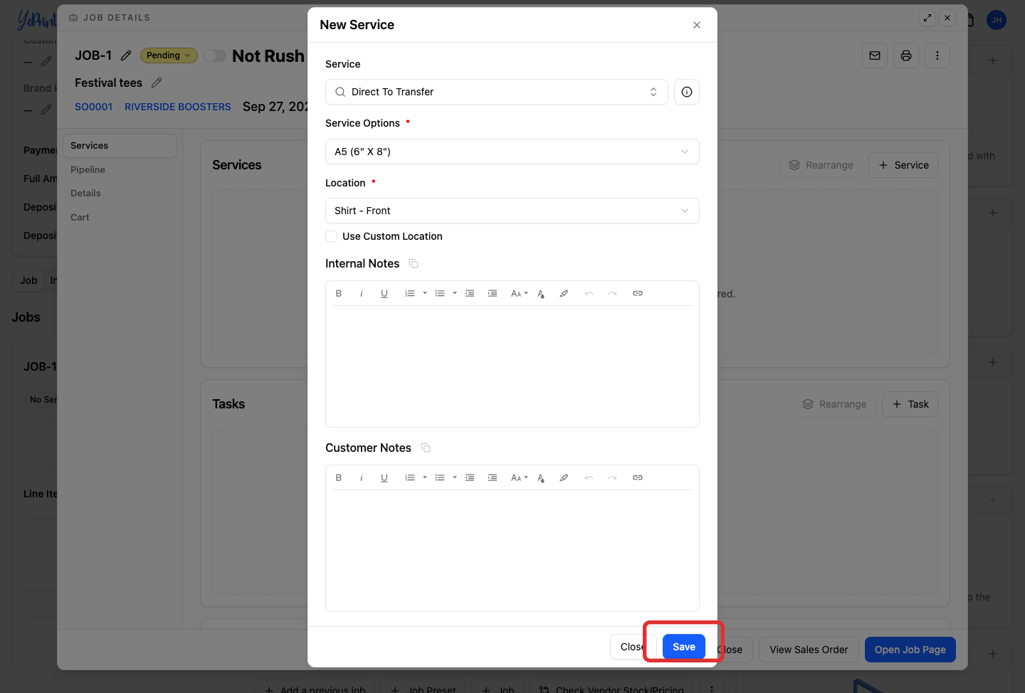 Save service button