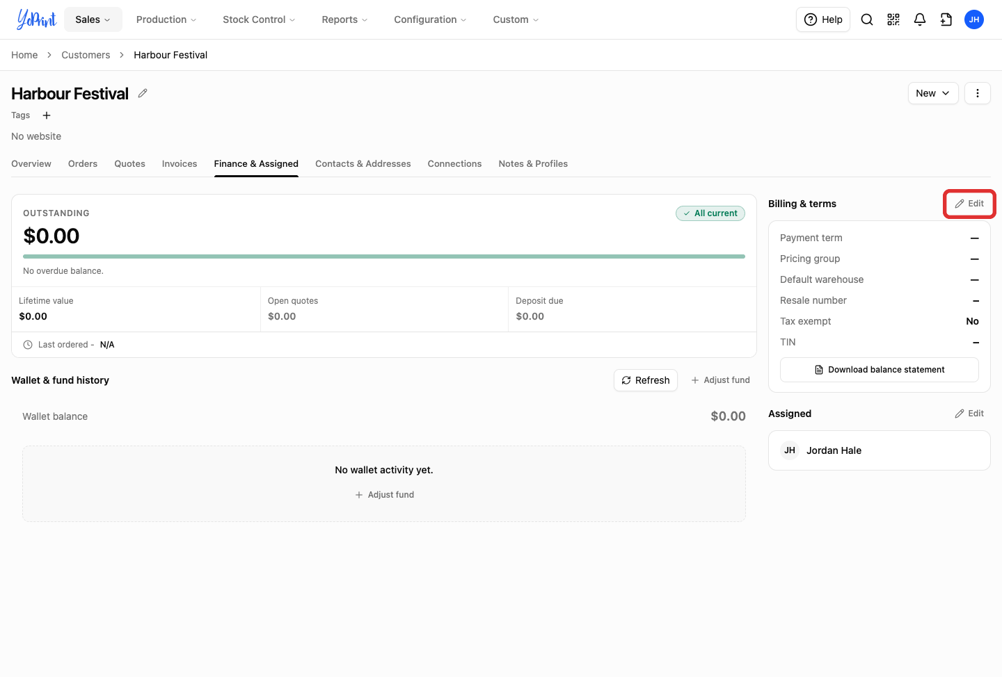 Edit beside Billing and terms