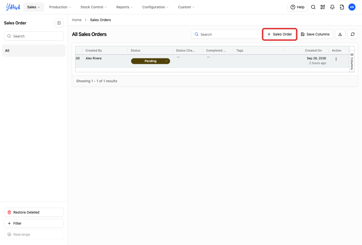 Create Sales Order button
