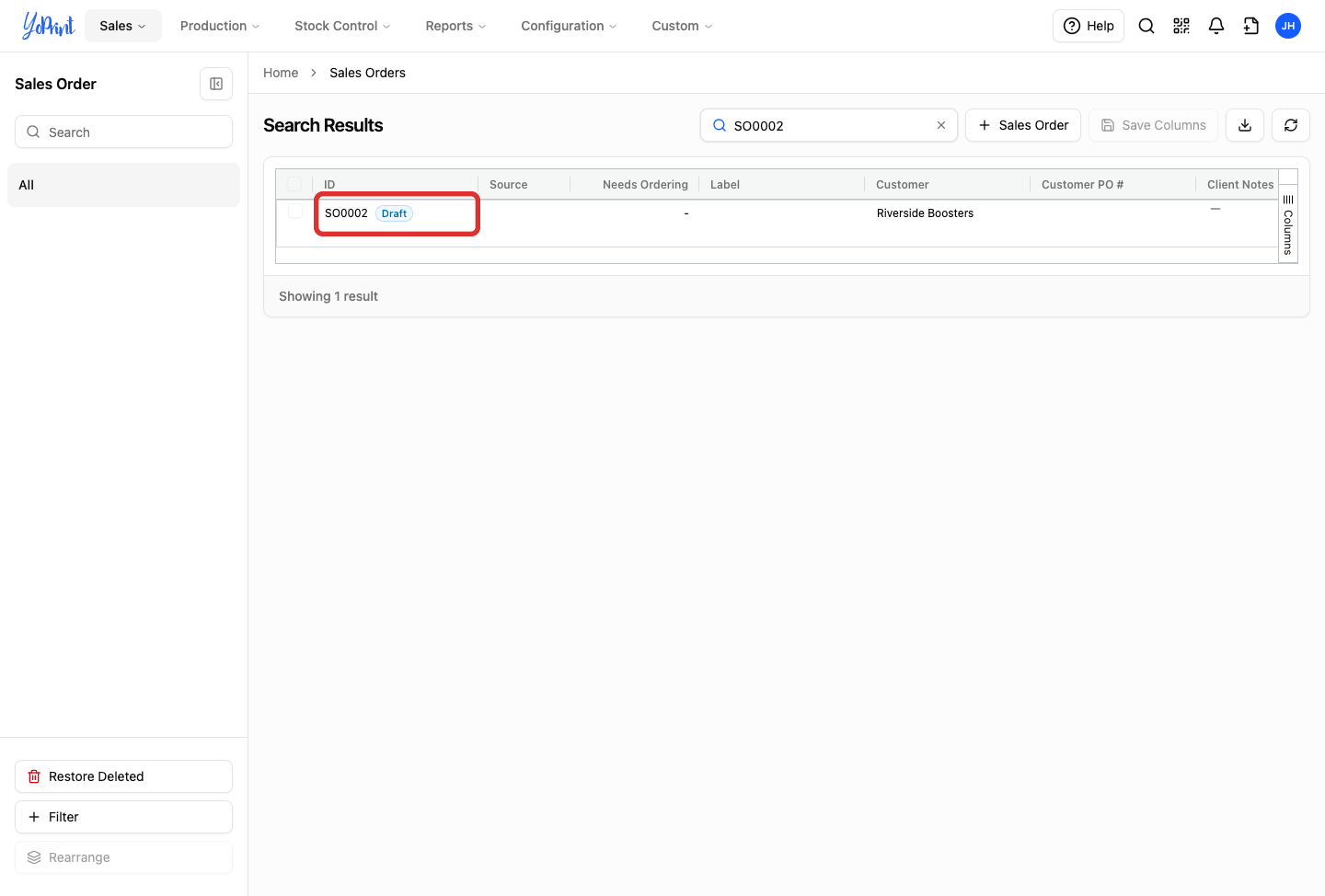 Draft sales order displayed in search results