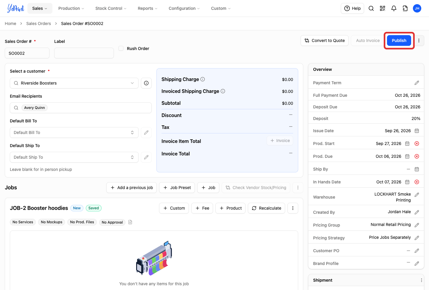 Publish button in the draft header