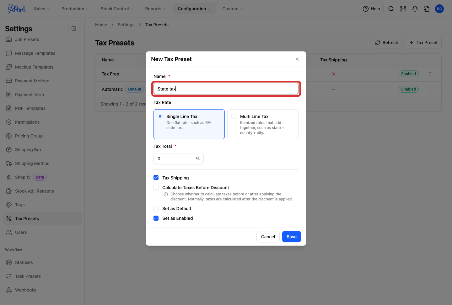 The preset name field, highlighted