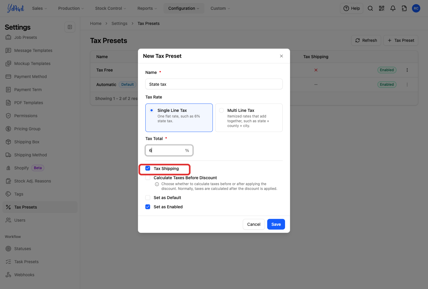 Tax Shipping highlighted and turned on