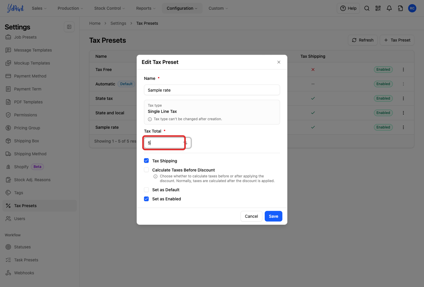Tax Total highlighted on the edit form, with the tax type locked