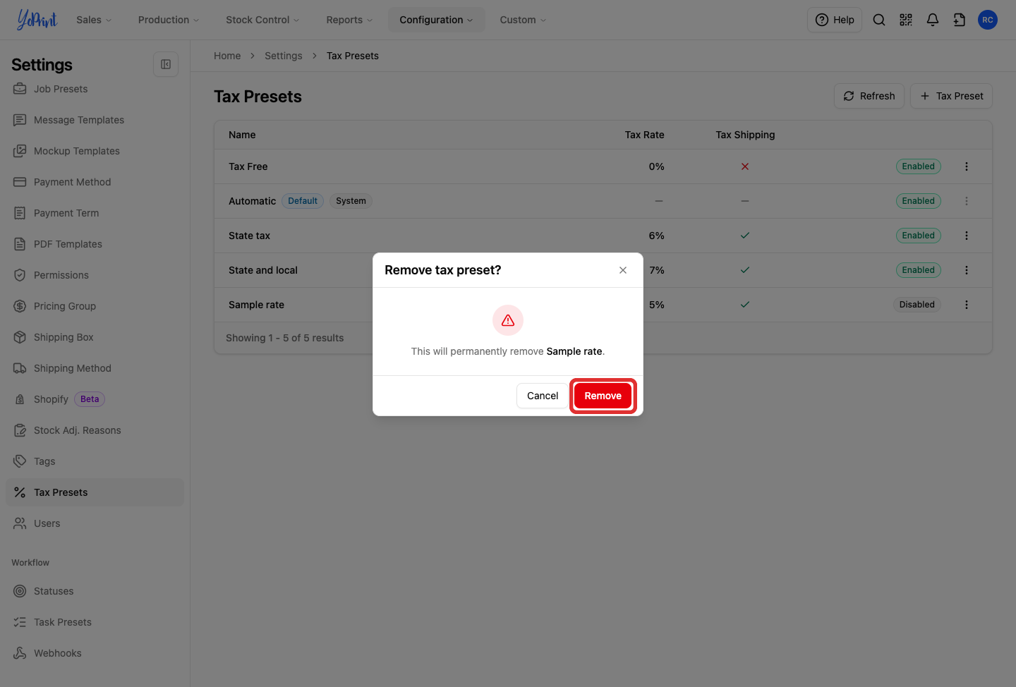 Remove highlighted on the confirmation, for a preset named Sample rate