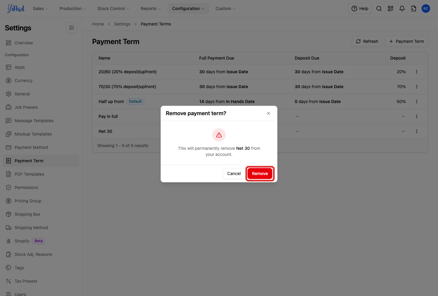 Remove payment term confirmation