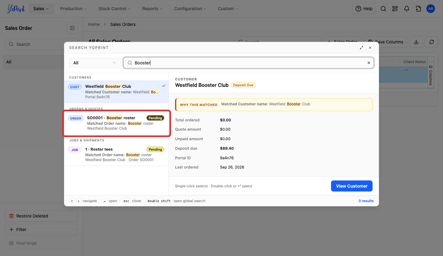 Global search results for sales orders