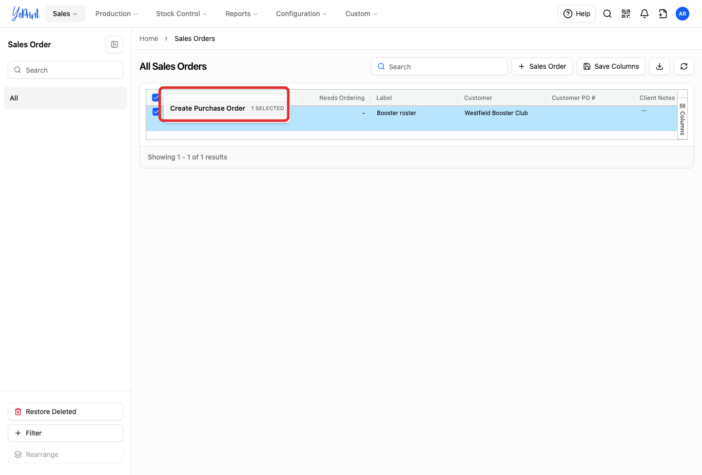 Bulk actions menu on selected orders