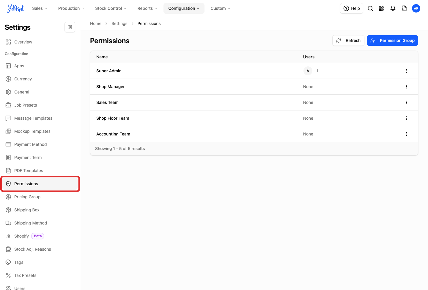 Permissions in the settings sidebar, highlighted