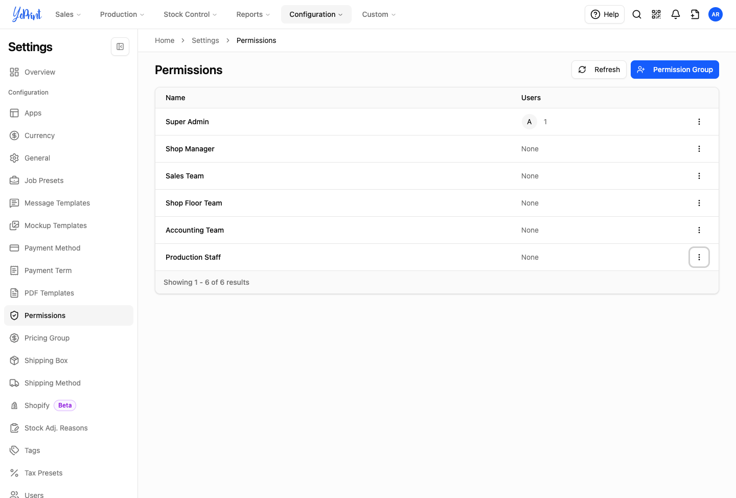 The Permission Groups table with active roles
