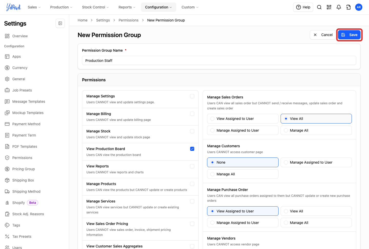 Save button on the new permission group page, highlighted