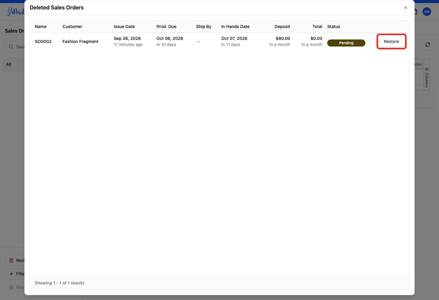 Restore button on the deleted sales order row