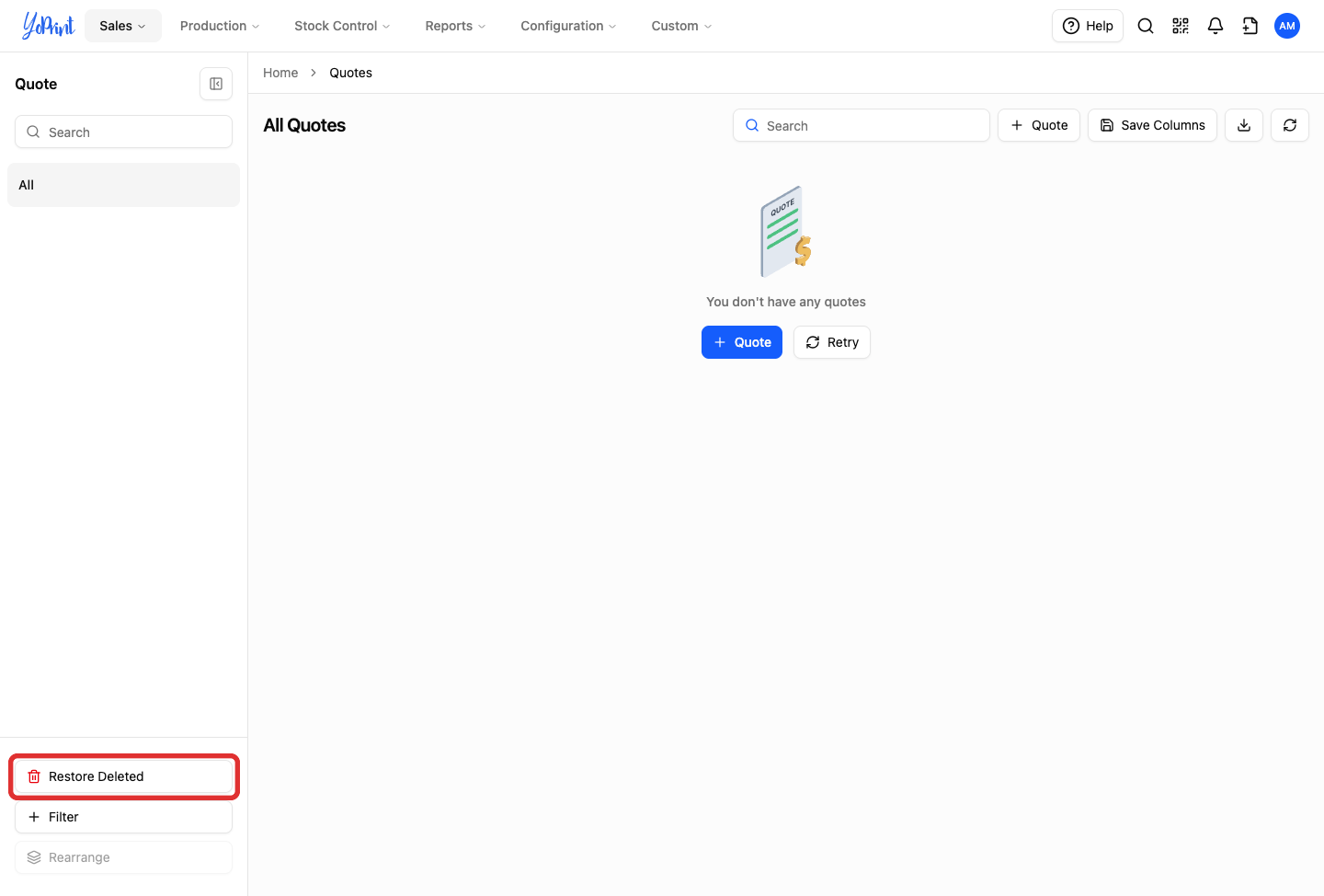 Restore Deleted button in the Quotes sidebar