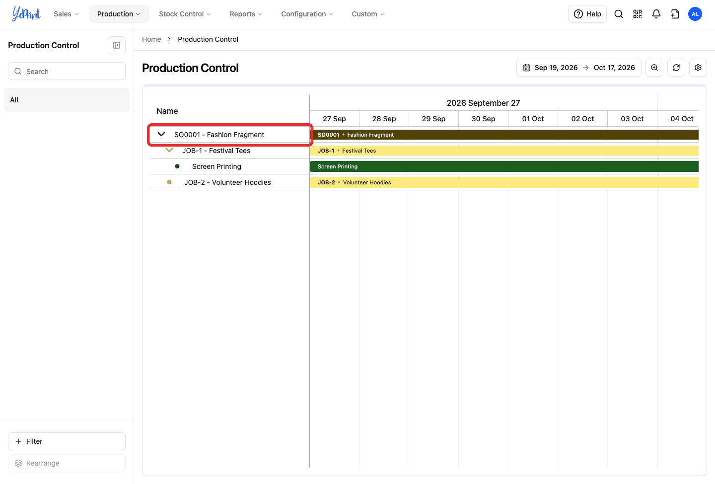 Production Control board showing order, job, and task rows along the calendar grid