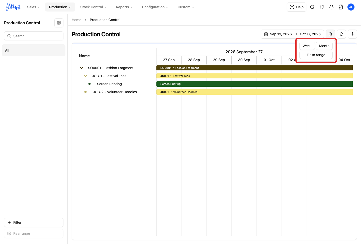 Timeline scale popover with Week, Month, and Fit to range options