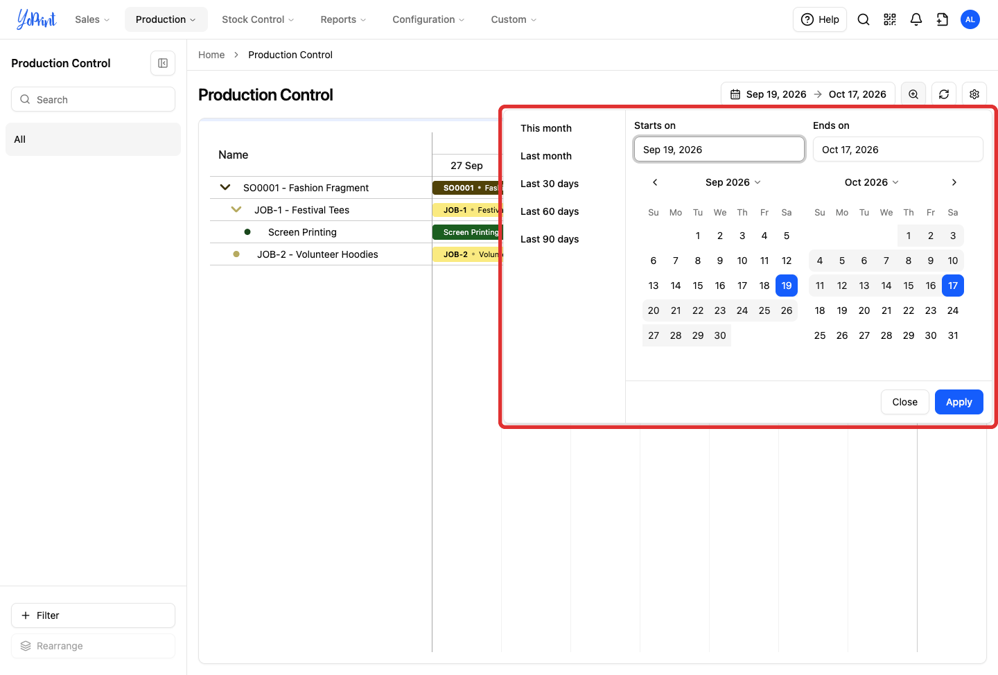 Date range picker with presets and calendar selection