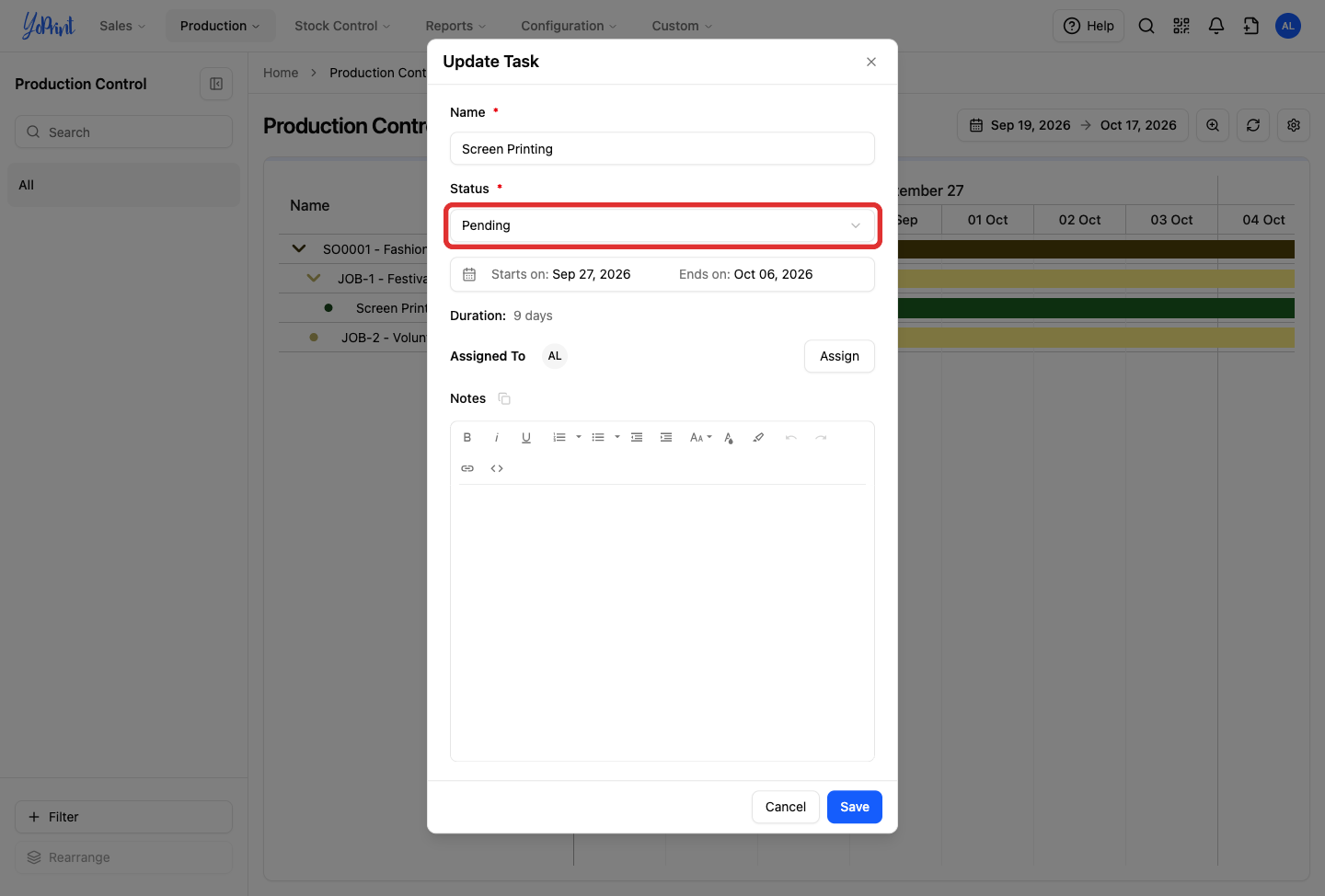 Update Task dialog with the Status dropdown outlined