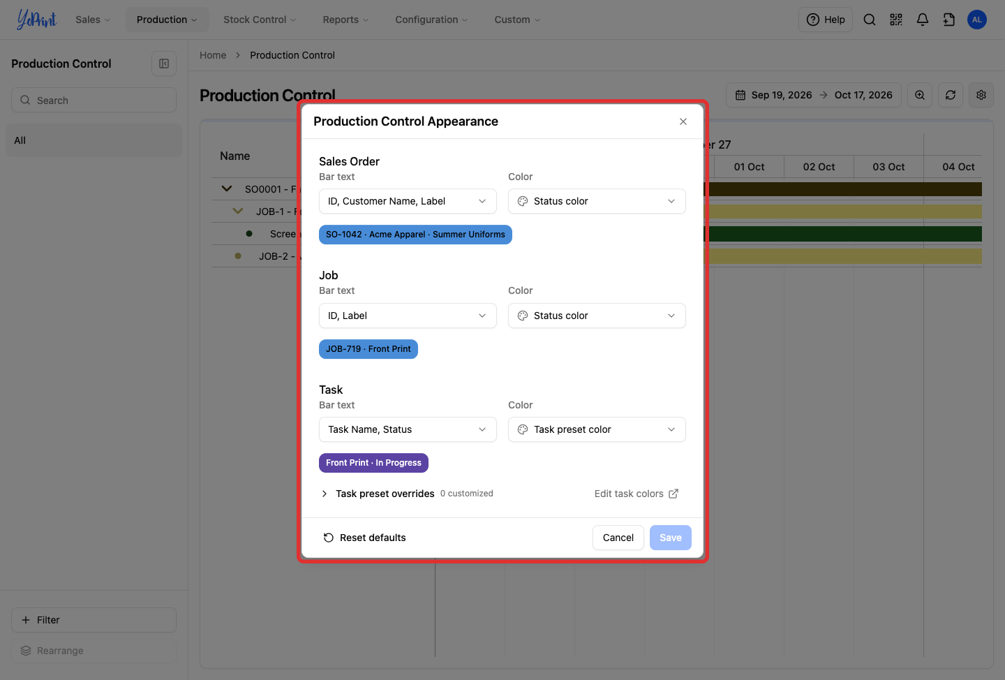 Production Control Appearance dialog with bar text and color options