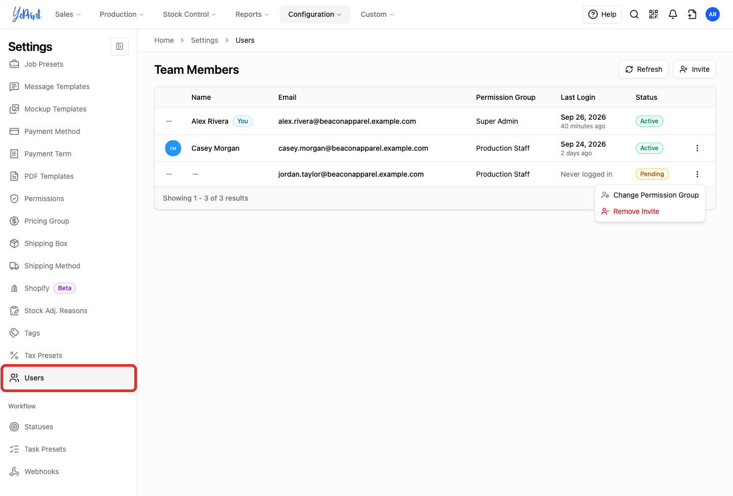 Users link in the settings sidebar, highlighted