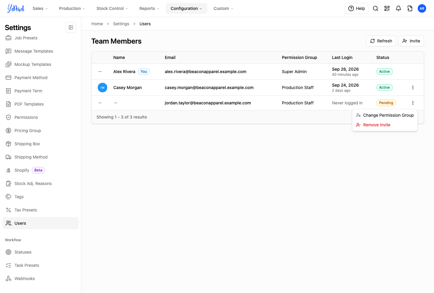 The Team Members table showing active members and pending invites