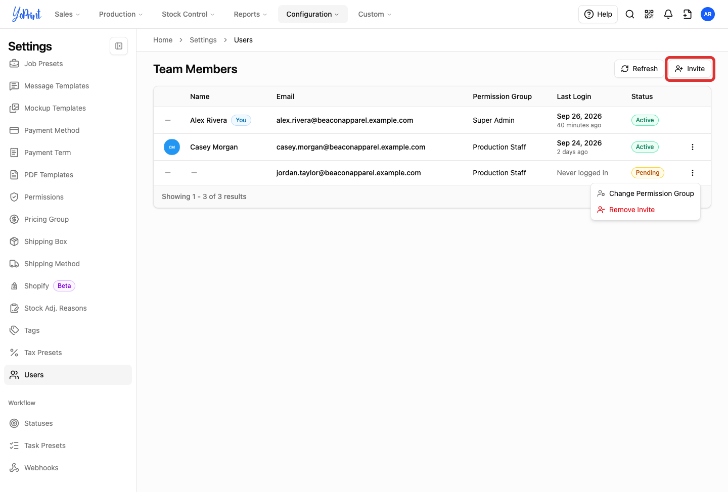 Invite button at the top right of the Team Members page, highlighted