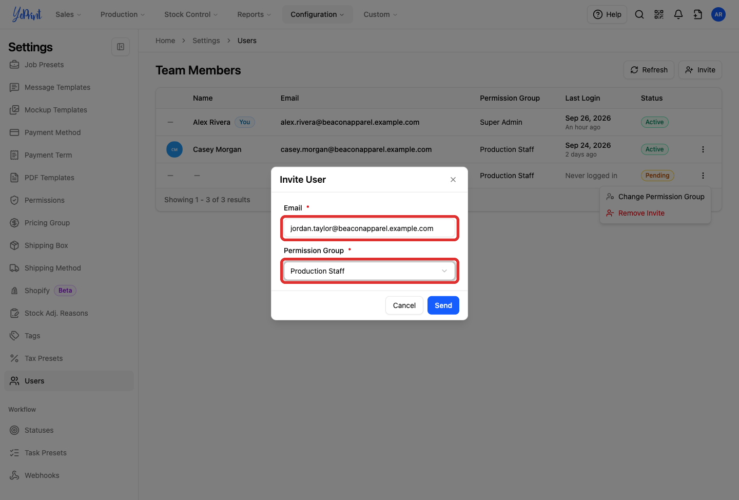 Email address and permission group fields in the Invite User dialog, highlighted