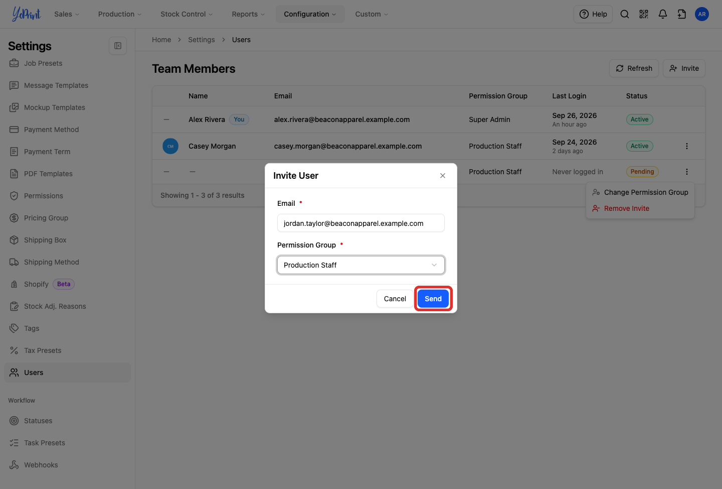 Send button in the Invite User dialog, highlighted