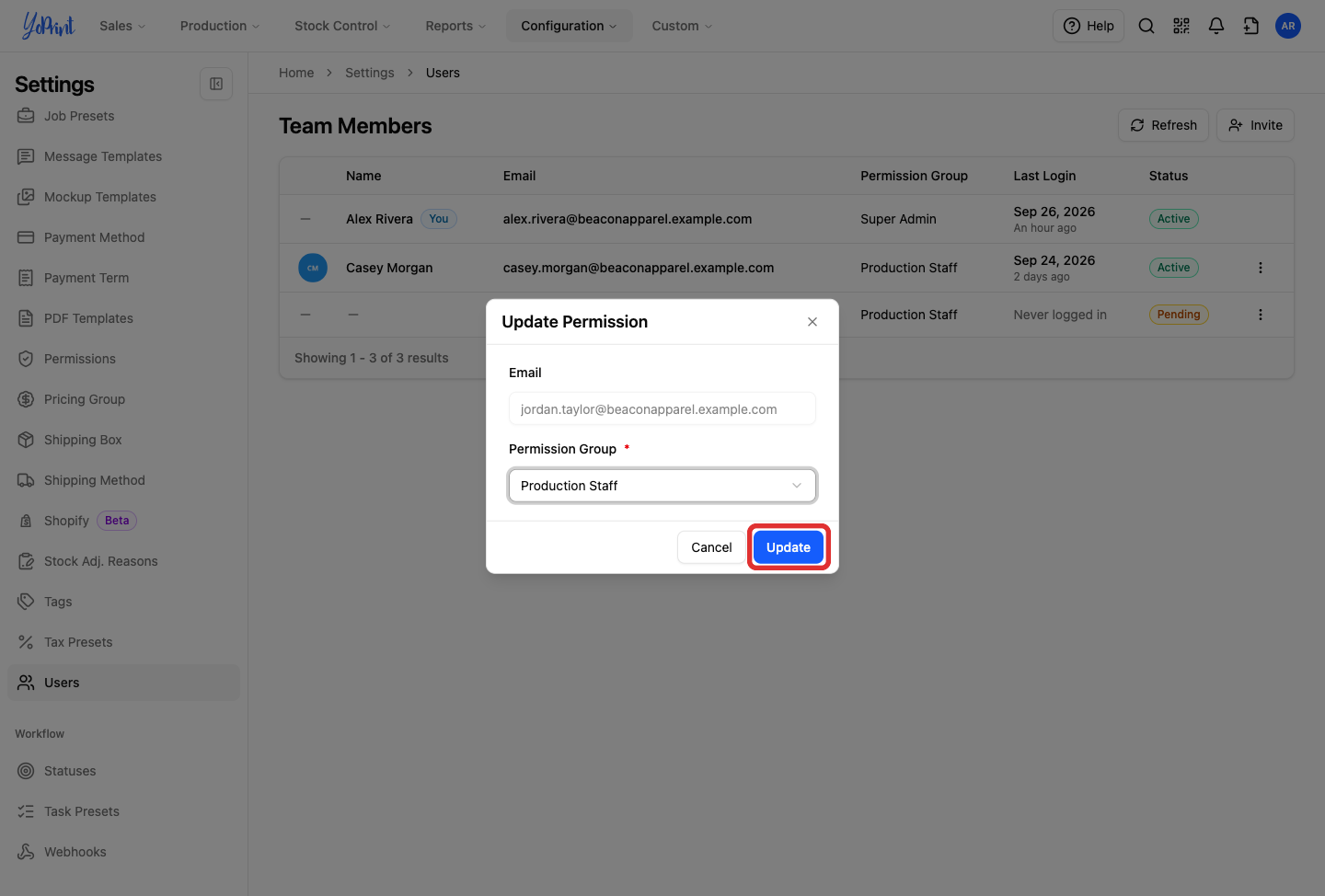 Update button in the Update Permission dialog, highlighted