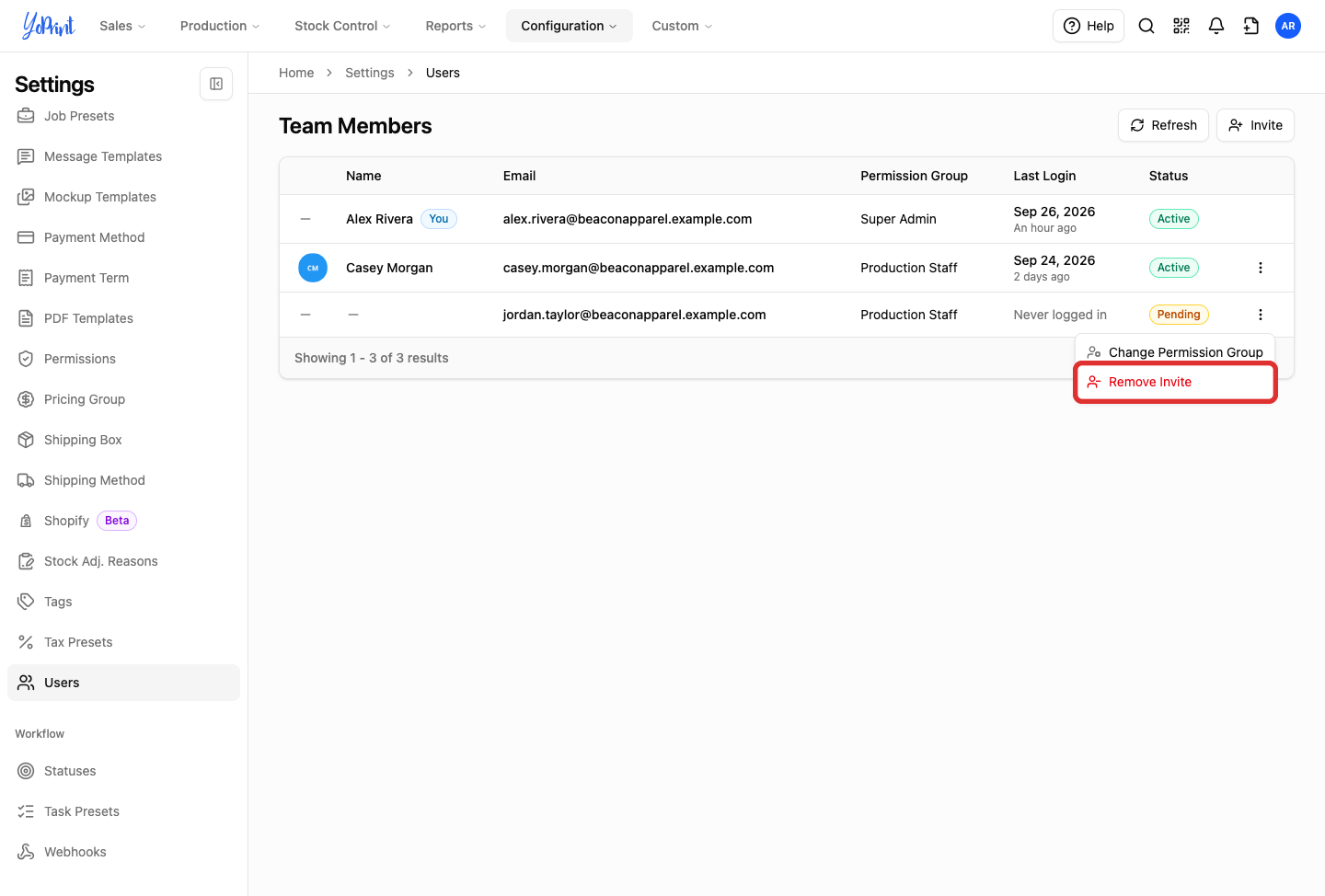 Remove Invite option in the pending invite row menu, highlighted