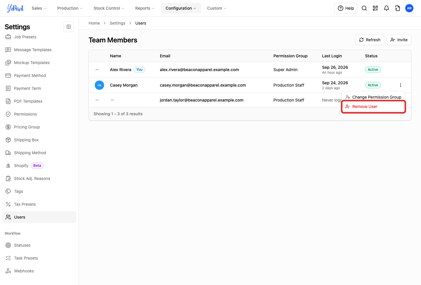 Remove User option in the member row menu, highlighted