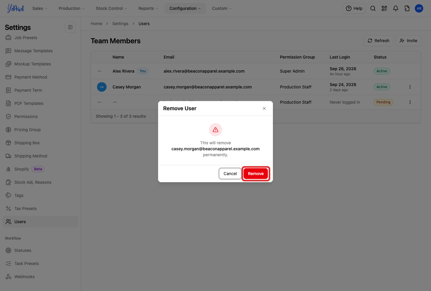 Remove confirmation button in the Remove User dialog, highlighted