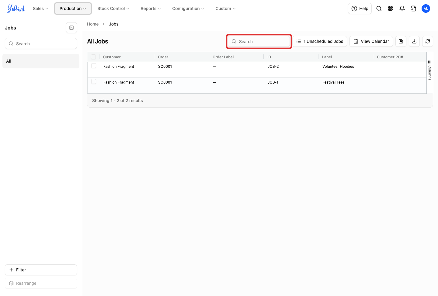 Jobs list table with the toolbar search input outlined