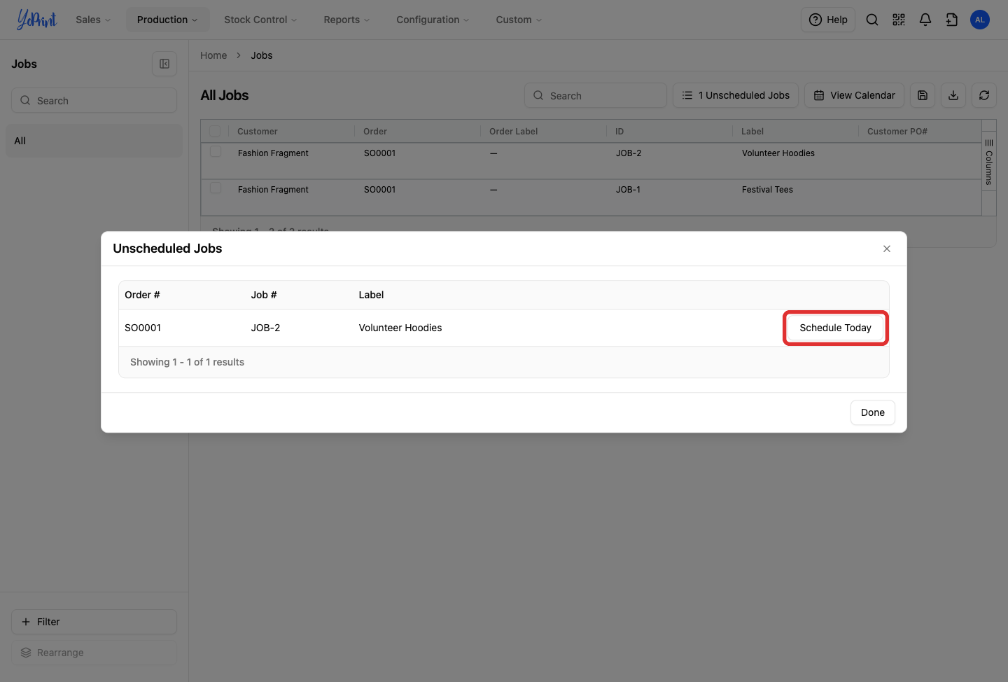Unscheduled Jobs modal with the Schedule Today button outlined