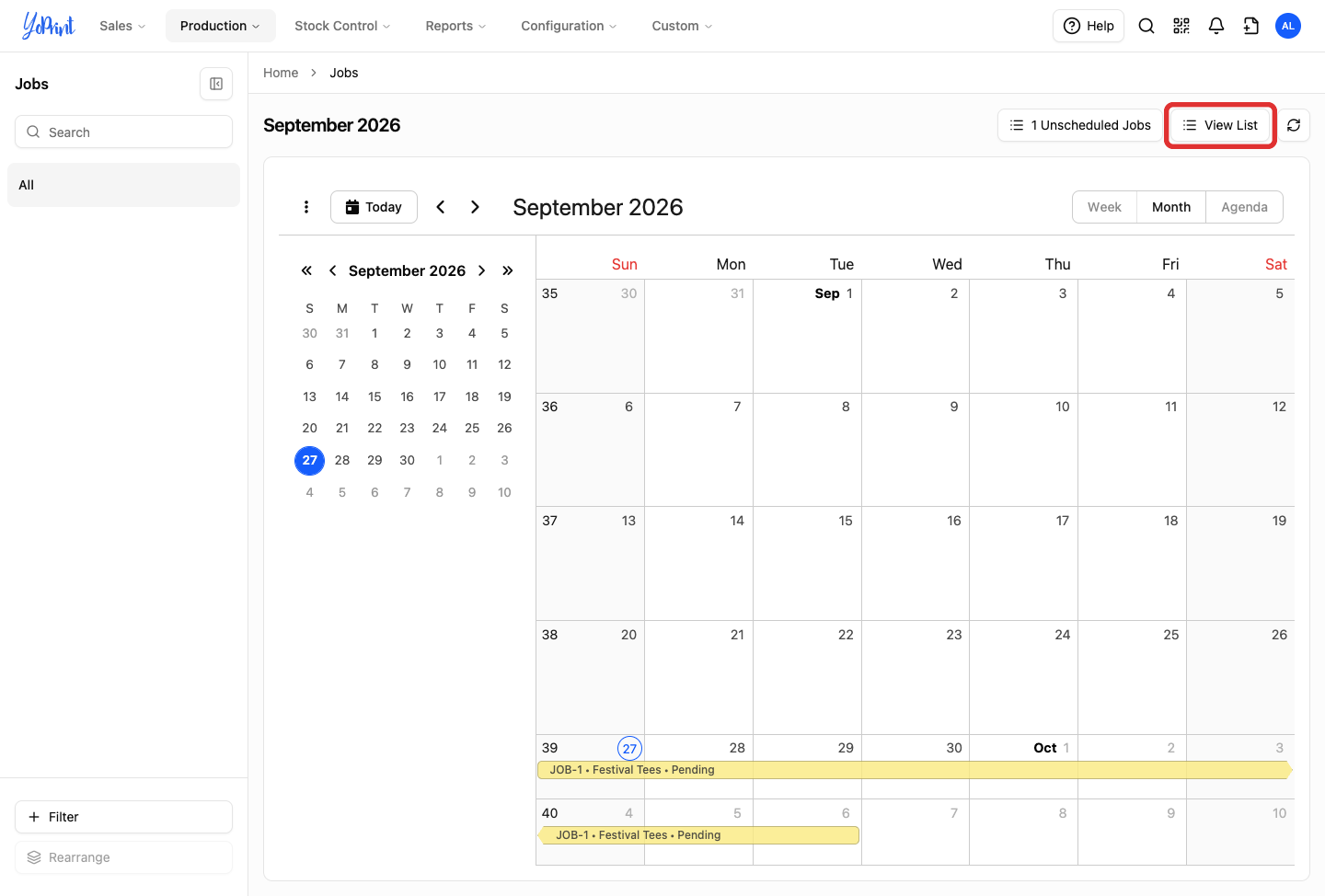 Jobs calendar view with the View List toggle button outlined