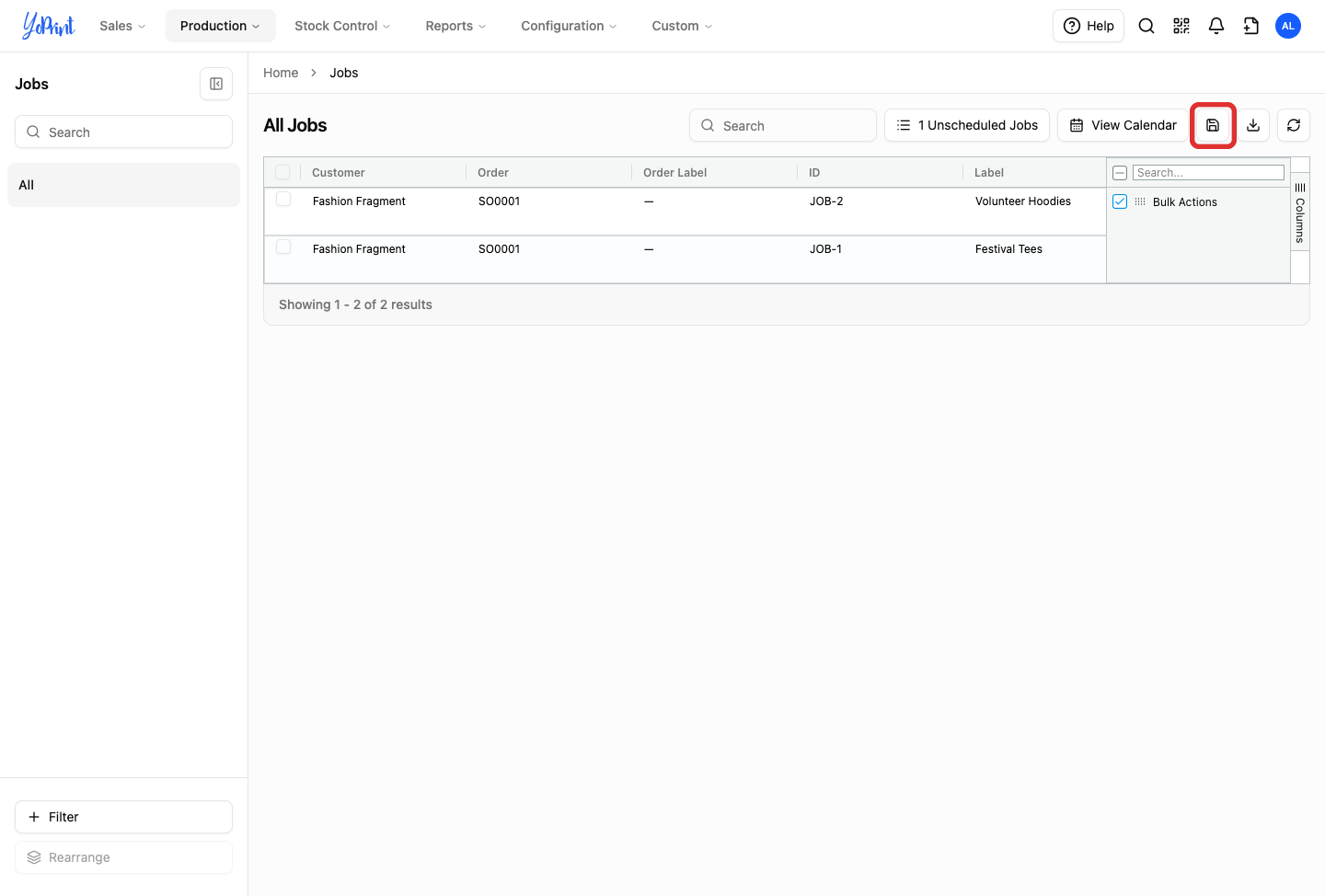 Columns selection panel with the Save Columns button outlined