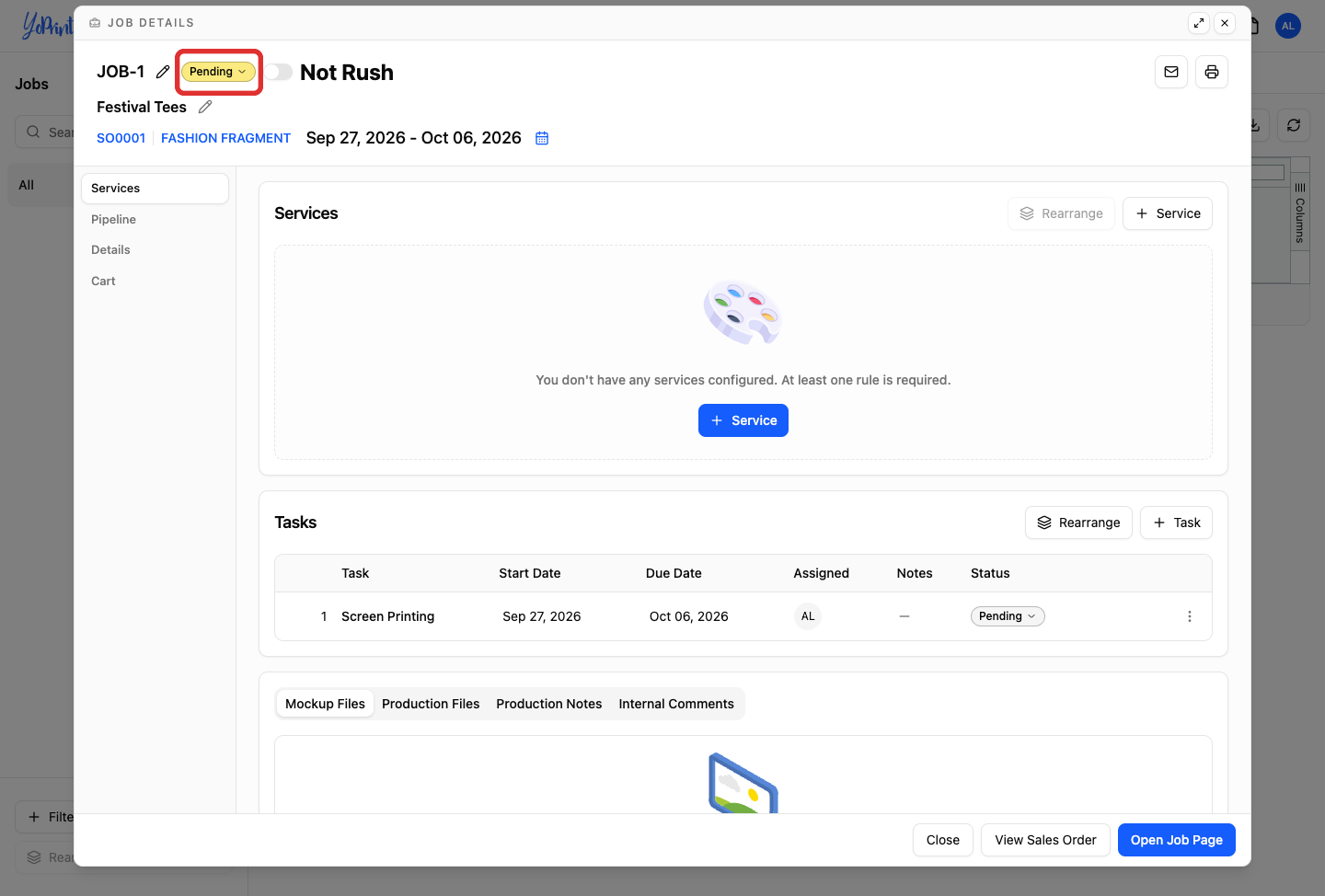 Job details modal with the job status button outlined