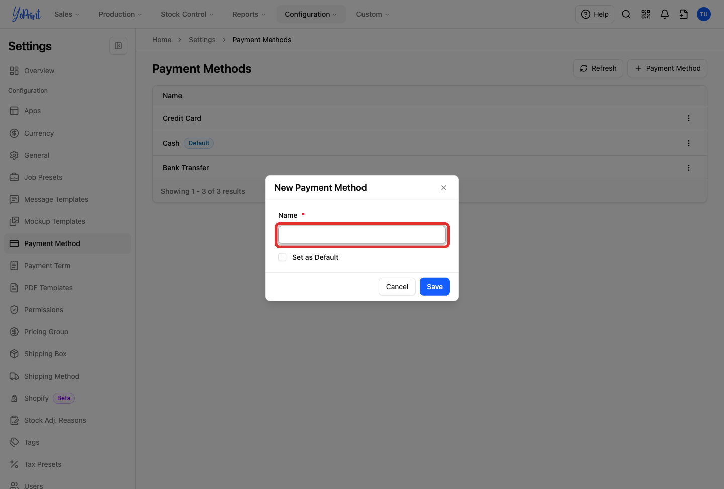 The Name field for the new payment method