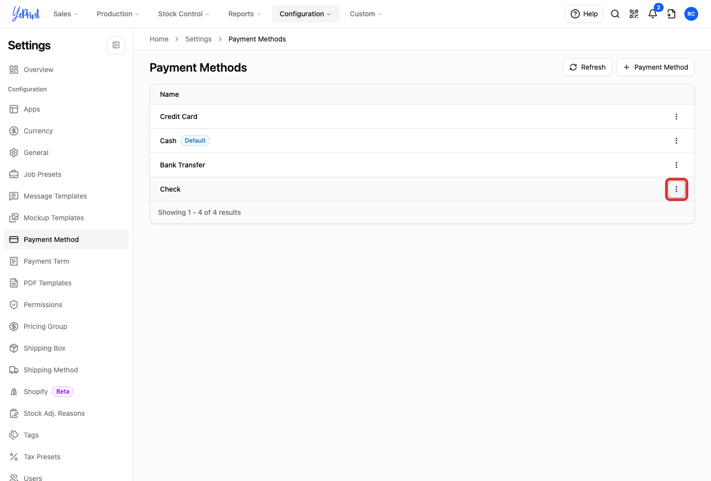 The payment method row menu