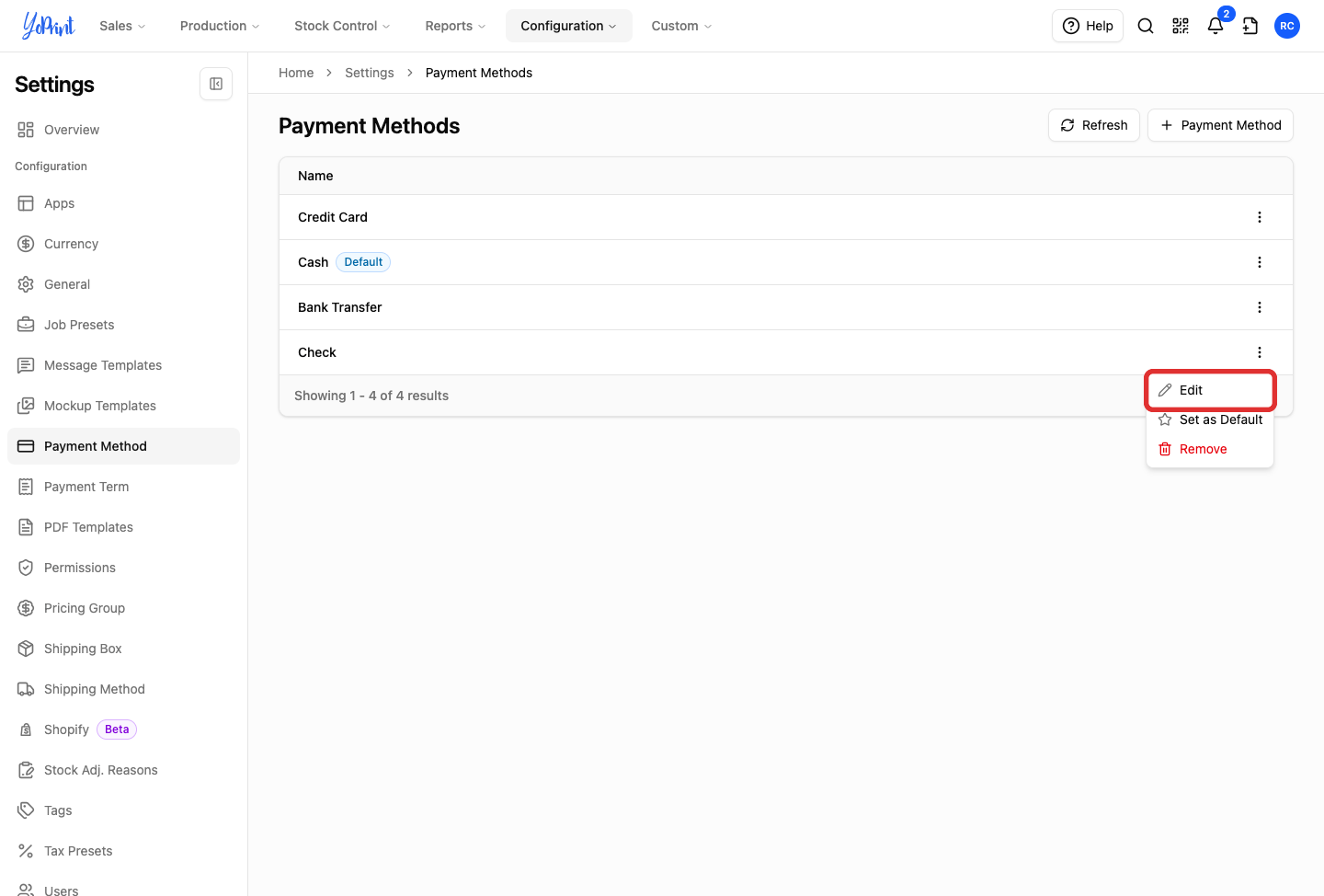 Edit on the payment method row menu