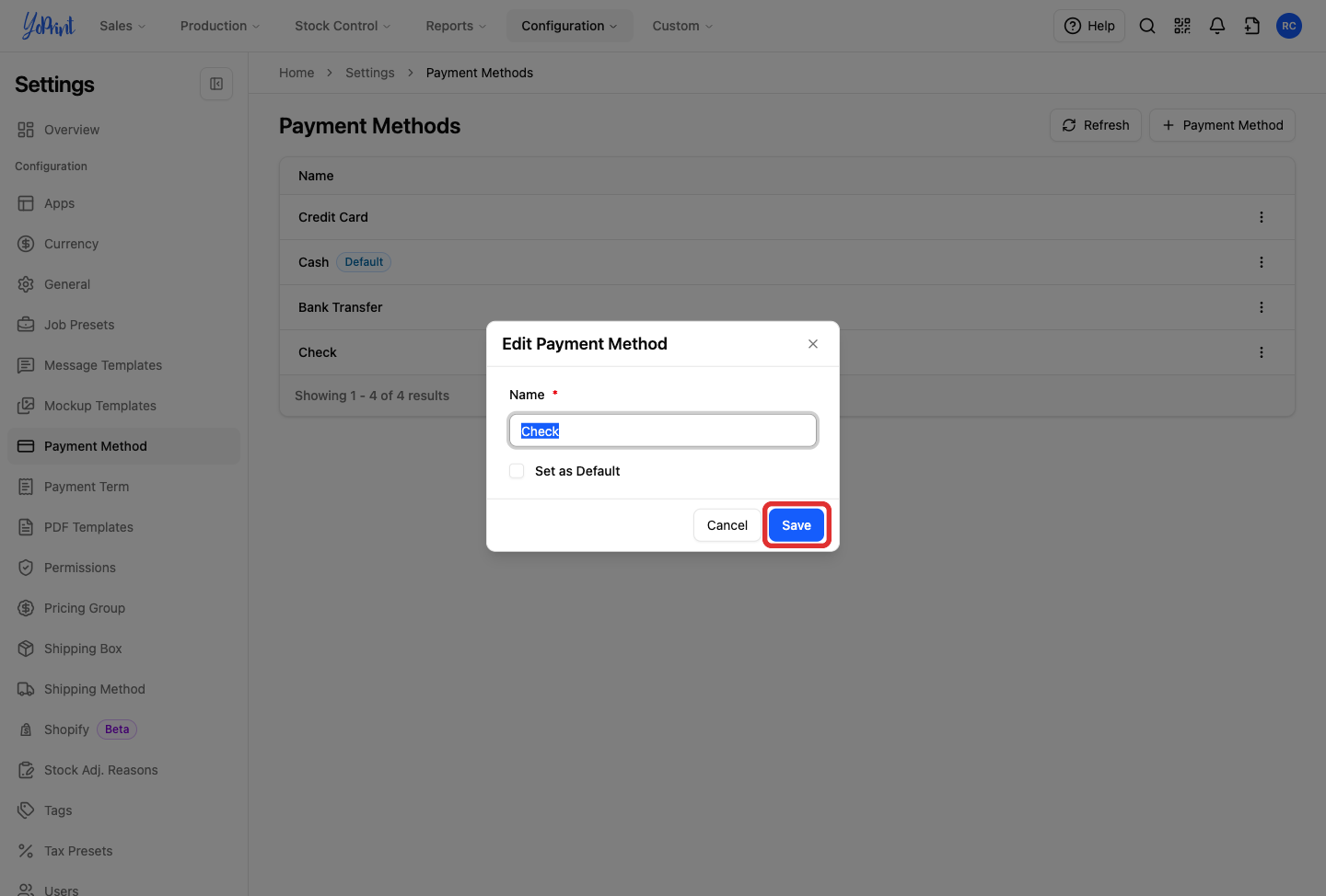Save changes to the payment method