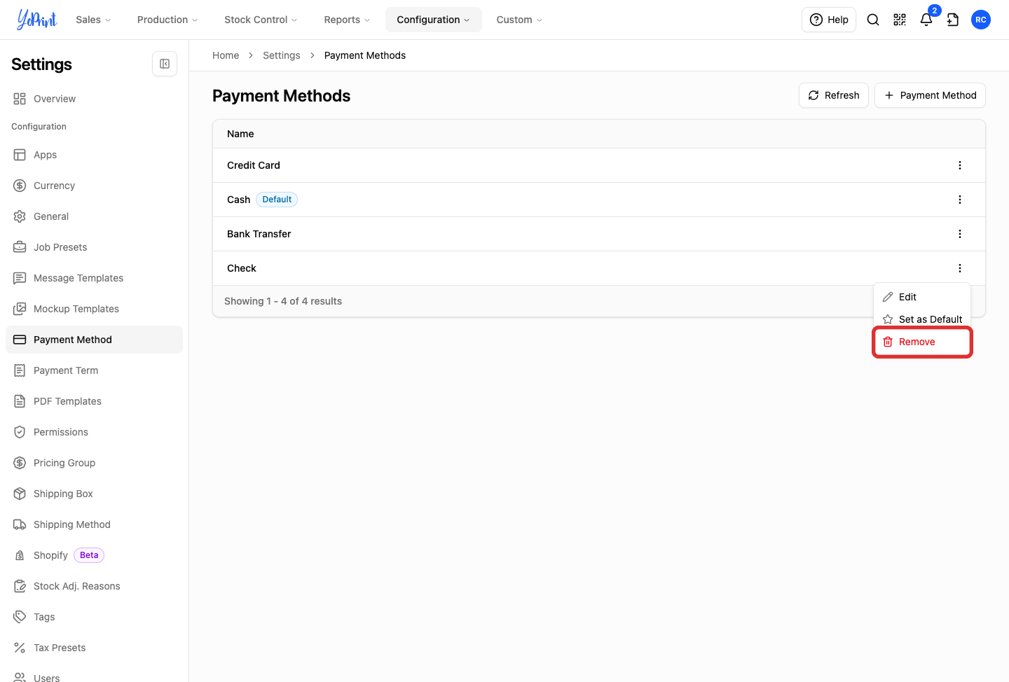 Remove on the payment method row menu