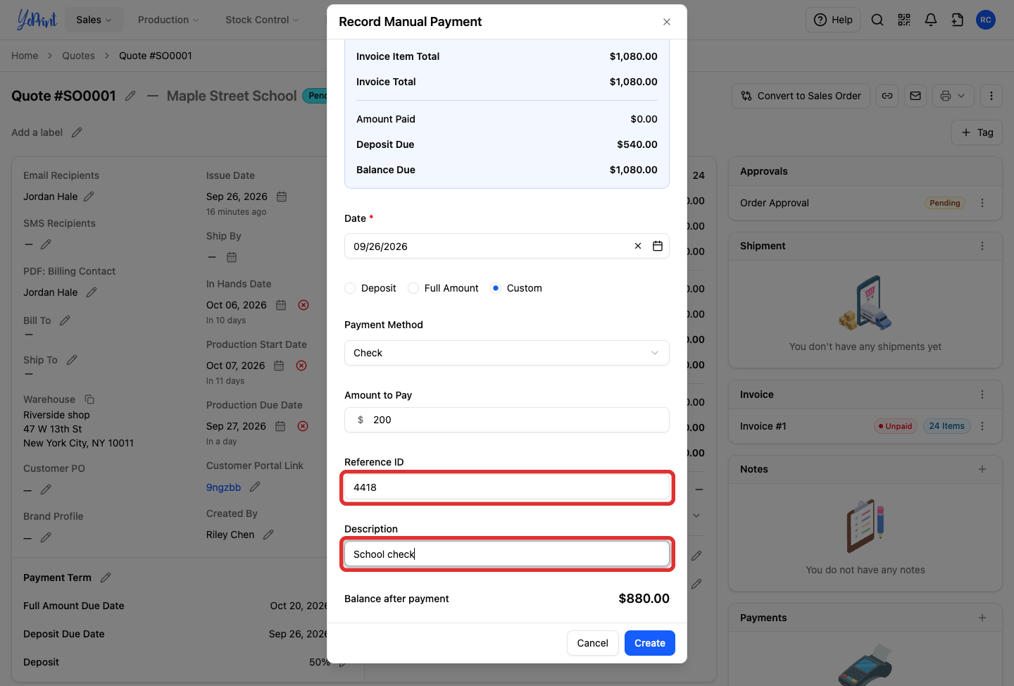 Reference ID and Description in Record Manual Payment