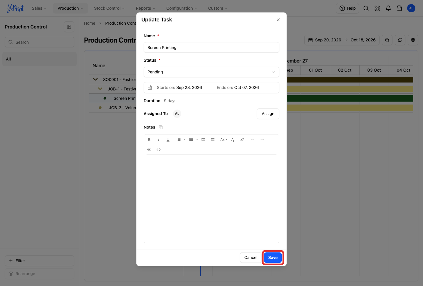 Save button in the Update Task dialog