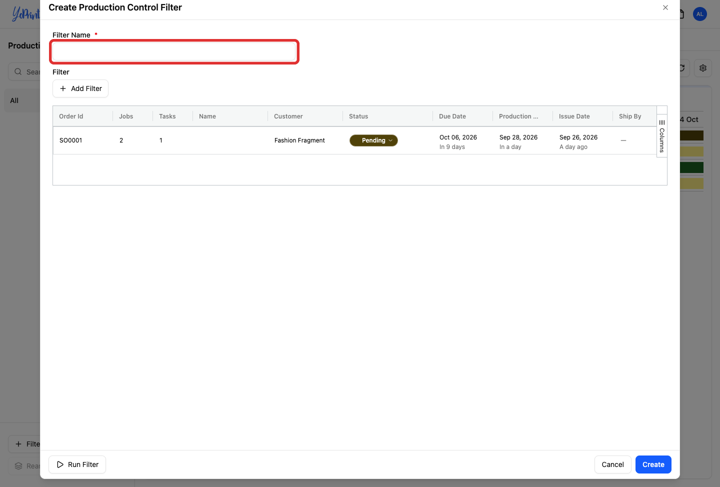 Create Production Control Filter modal with Filter Name input outlined